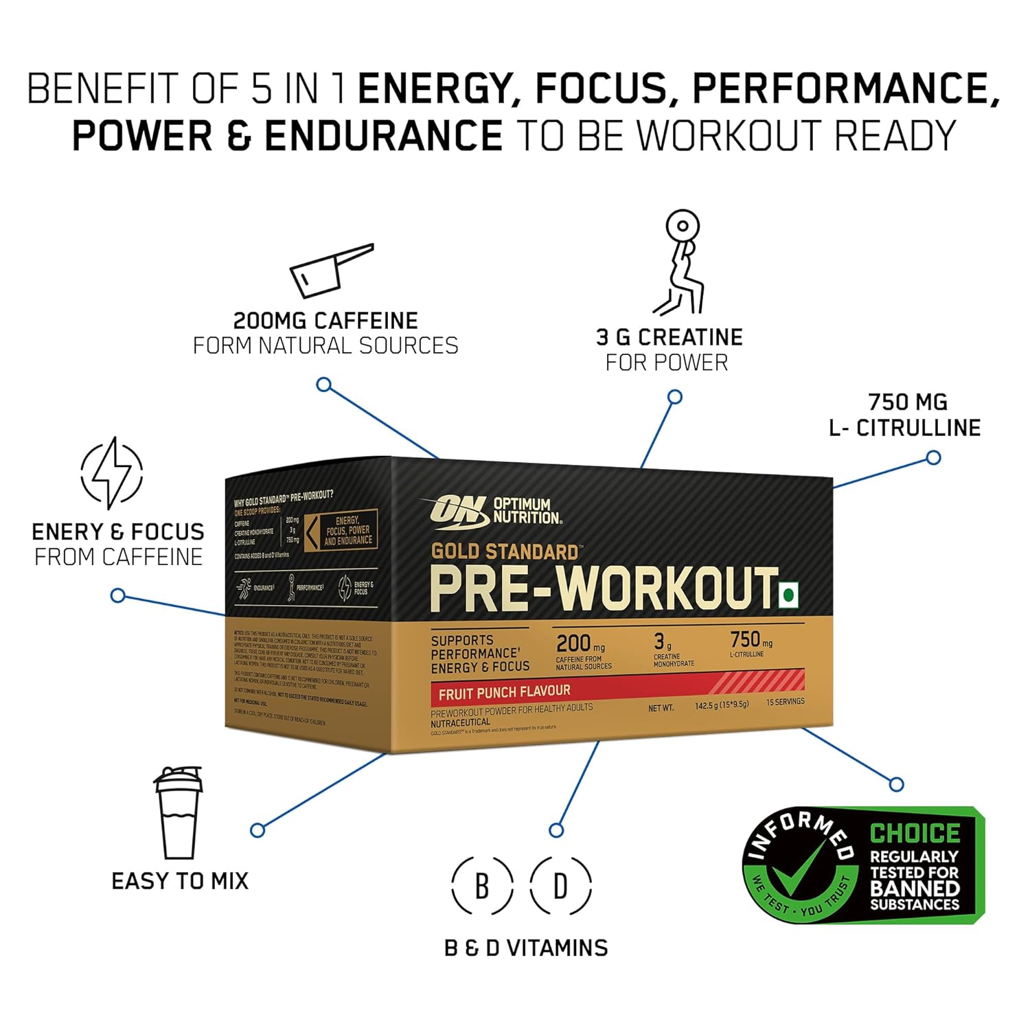 Gold Standard Pre-Workout 15 single serve packs - Fruit Punch Flavour