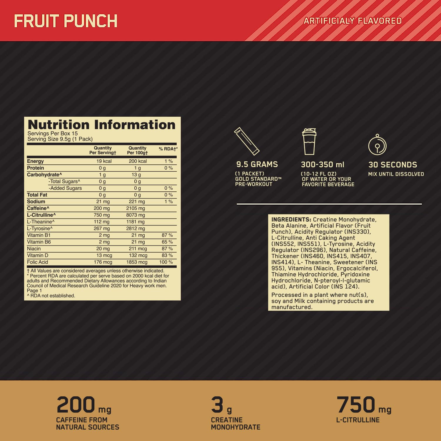 Gold Standard Pre-Workout 15 single serve packs - Fruit Punch Flavour